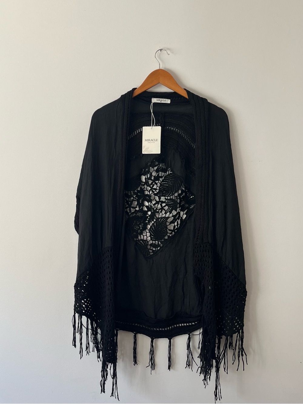 Miracle Black Crochet Fringe Open-Front Kimono